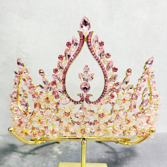 Bridal Tiara Crown, Gold Crystal Beaded Headpiece, Gold Pageant Crown - Picture 8 of 8